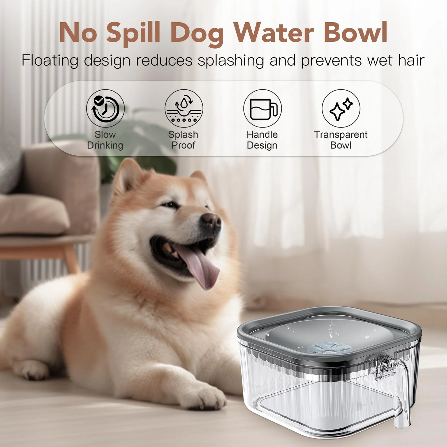 2.5L Dog Water Bowl No Spill, Spill Proof Handheld Dog Bowl for Slow Drinking, anti Splash No Mess Transparent Pet Water Feeder, Vehicle Carried Portable Travel Bowl for Sloppy Messy Drinkers