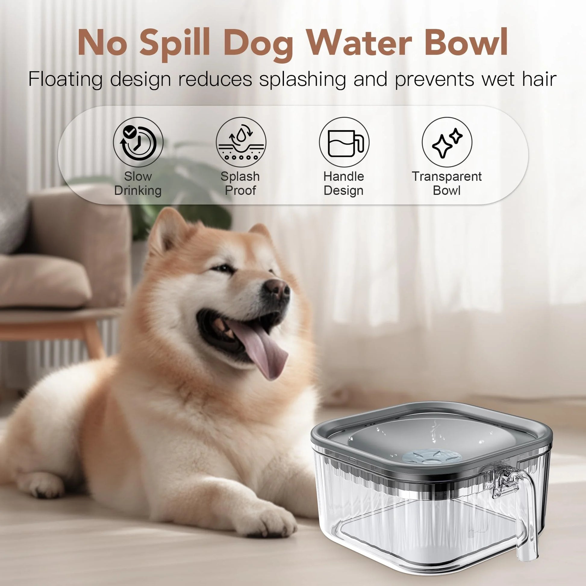 2.5L Dog Water Bowl No Spill, Spill Proof Handheld Dog Bowl for Slow Drinking, anti Splash No Mess Transparent Pet Water Feeder, Vehicle Carried Portable Travel Bowl for Sloppy Messy Drinkers