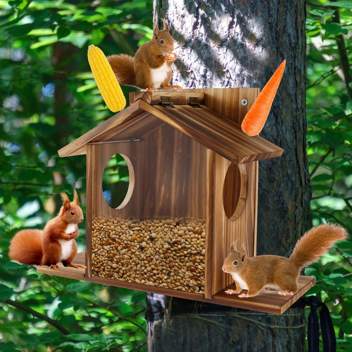 Squirrel Feeder Wooden Squirrel Feeder House Large Capacity Squirrel Feeding Stations Easy to Fill Chipmunk Feeding Station for Corn Peanuts outside 32.5X12.5X21Cm