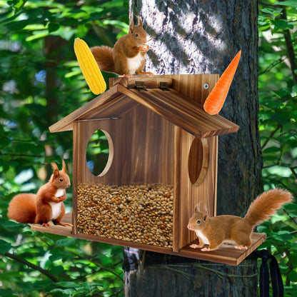 Squirrel Feeder Wooden Squirrel Feeder House Large Capacity Squirrel Feeding Stations Easy to Fill Chipmunk Feeding Station for Corn Peanuts outside 32.5X12.5X21Cm