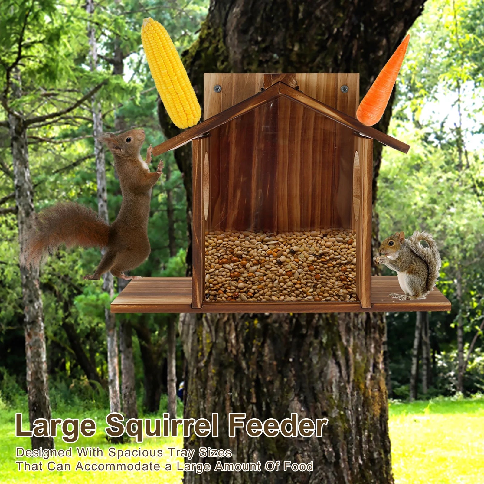 Squirrel Feeder Wooden Squirrel Feeder House Large Capacity Squirrel Feeding Stations Easy to Fill Chipmunk Feeding Station for Corn Peanuts outside 32.5X12.5X21Cm