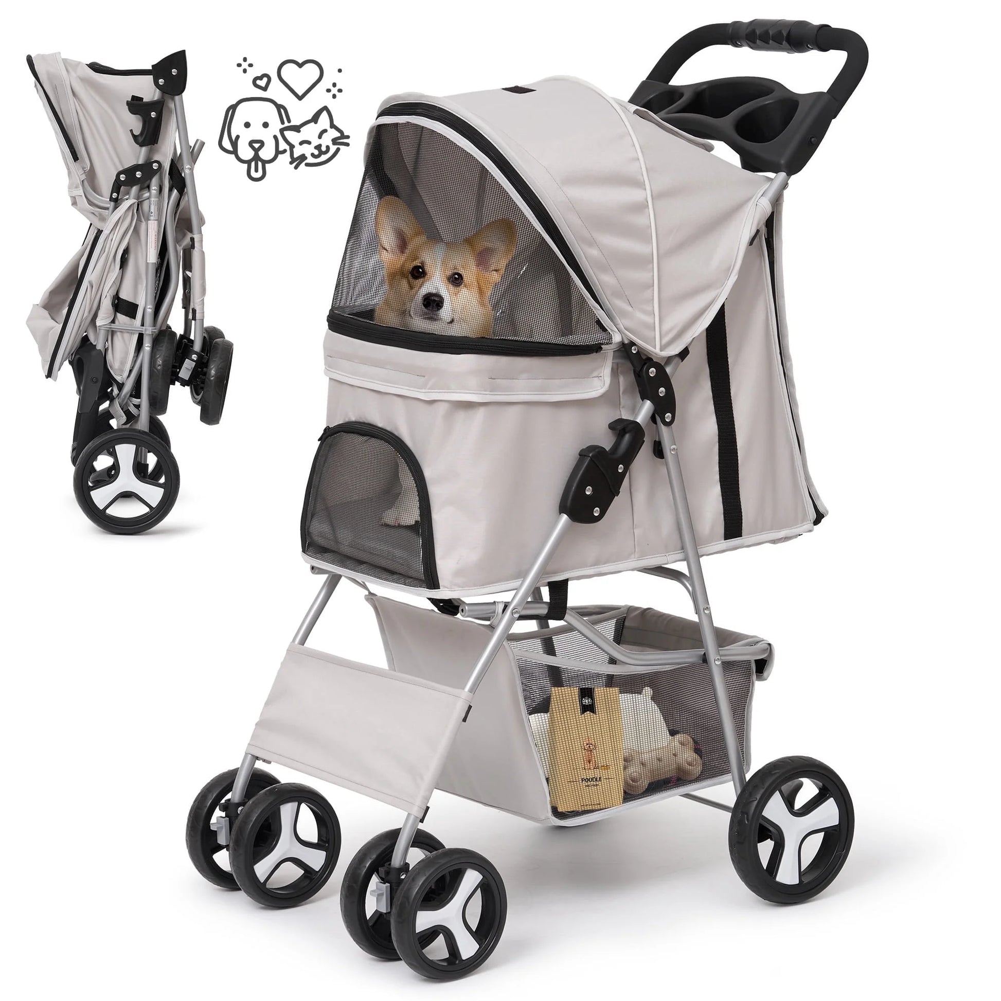 Pet Dog Stroller for Small Dogs and Cats,One-Click Folding 4-Wheel Pet Stroller with Storage Basket/Cup Holder,For Travel/Jogging, Gray
