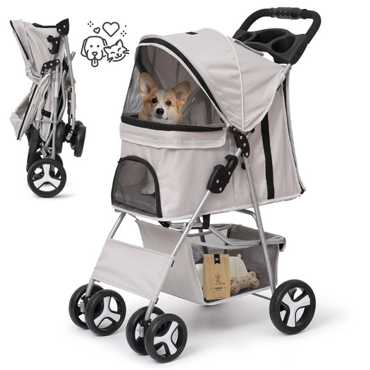 Pet Dog Stroller for Small Dogs and Cats,One-Click Folding 4-Wheel Pet Stroller with Storage Basket/Cup Holder,For Travel/Jogging, Gray