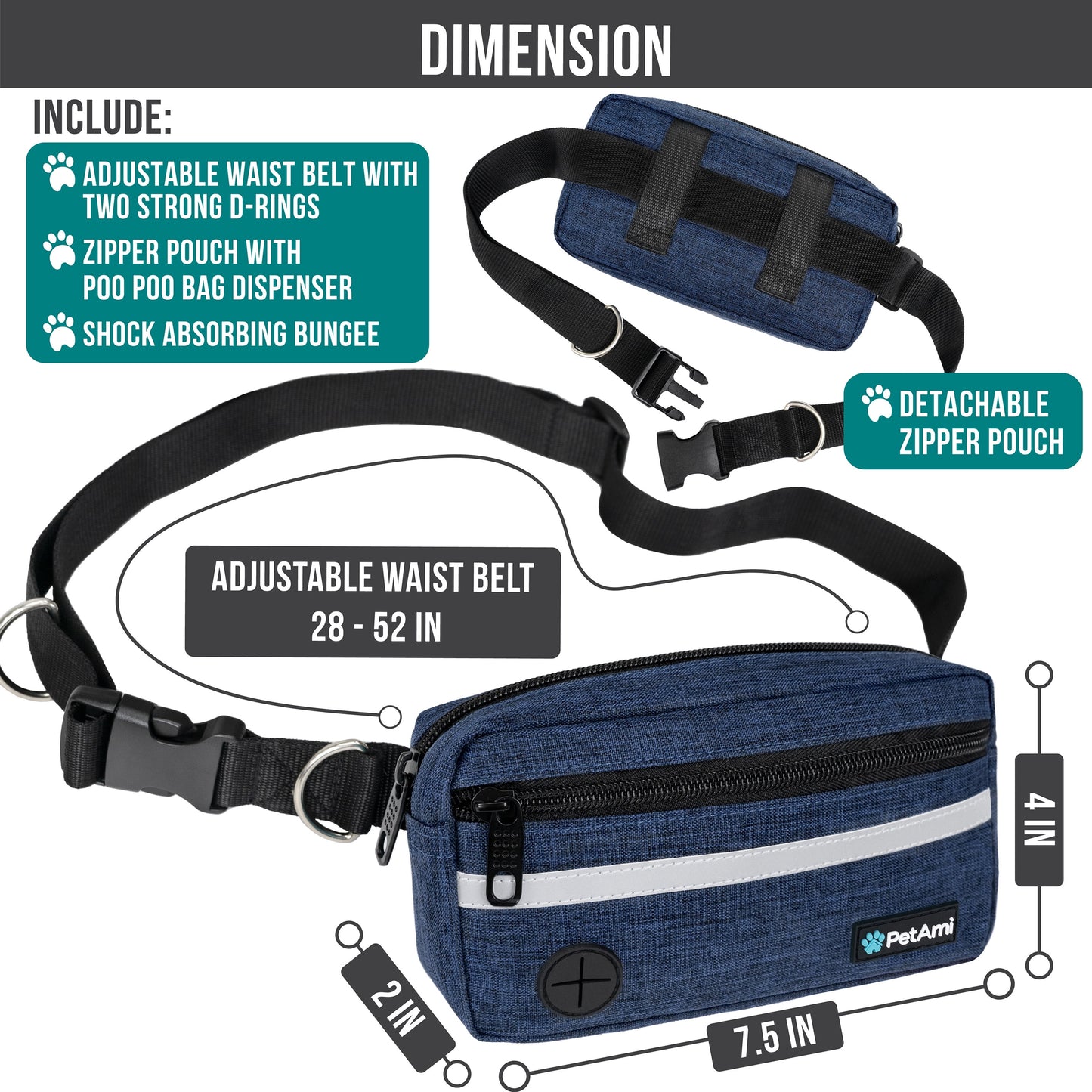 Hands Free Dog Leash, Dog Running Leash Belt for Walking Jogging, Dog Waist Zipper Pouch Fanny Pack with Poop Bag Dispenser, Dual Padded Handle Bungee Leash for Small Medium Large Dogs, Single