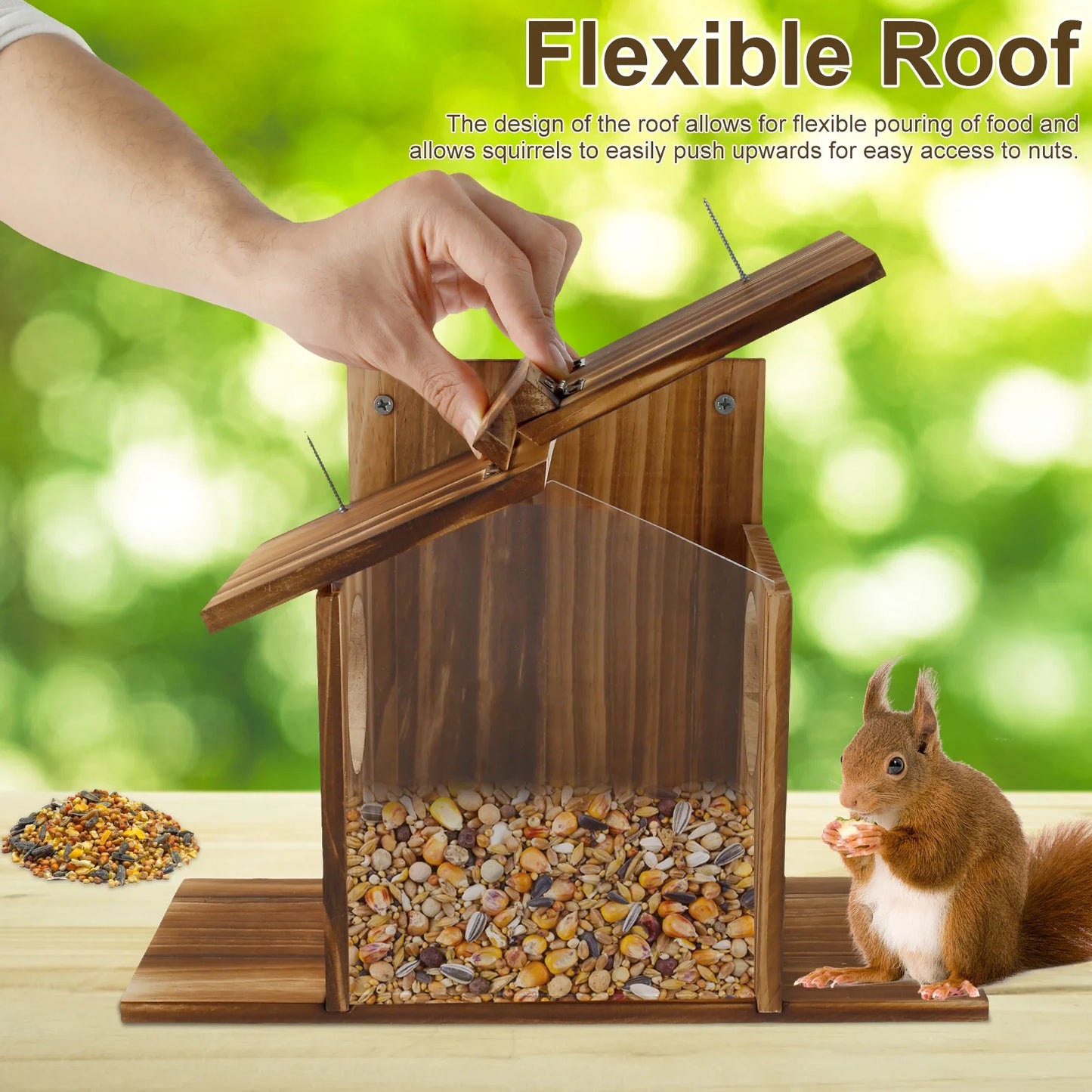 Squirrel Feeder Wooden Squirrel Feeder House Large Capacity Squirrel Feeding Stations Easy to Fill Chipmunk Feeding Station for Corn Peanuts outside 32.5X12.5X21Cm
