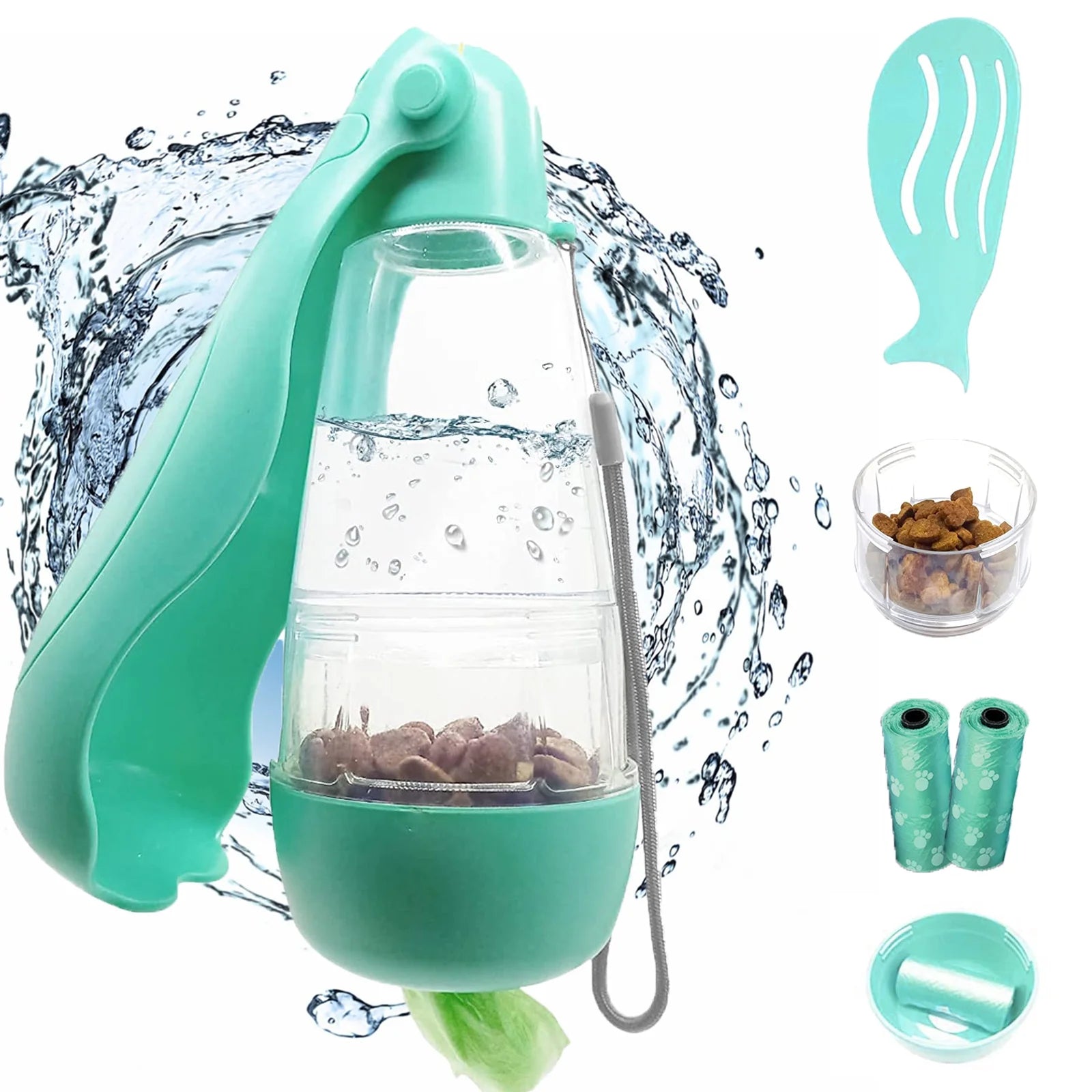 Dog Water Bottle, 4 in 1 Portable Foldable Dog Water Dispenser with Food Storage and Dog Poop Bag Storage for Pets