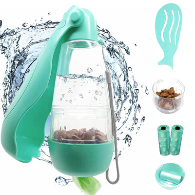 Dog Water Bottle, 4 in 1 Portable Foldable Dog Water Dispenser with Food Storage and Dog Poop Bag Storage for Pets